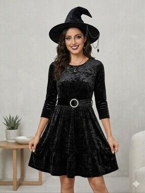 NWT Halloween Milan Kiss Dress Sz M-L Black Velvet Midi 7/8 Sleeve Ruffle Hem